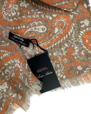 Attolini Scarf Orange Paisley Design - Linen Cashmere Silk Shawl