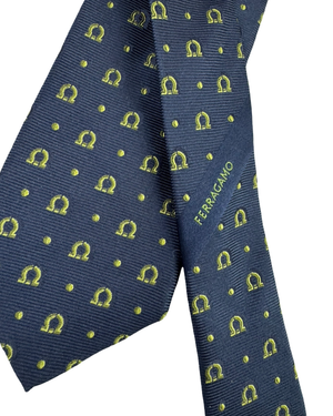 Salvatore Ferragamo Tie Midnight Blue Green Gancini Pattern