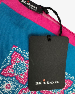 Kiton Silk Pocket Square Blue Pink Medallion