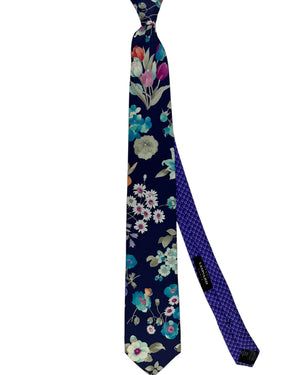 Leonard Paris Silk Tie Navy Garden Floral with Turquoise Blooms