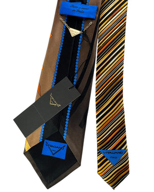 Vitaliano Pancaldi Silk Tie Brown With Gold And Orange Curved Stripe Pattern