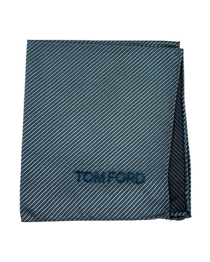 Tom Ford Silk Pocket Square Gray Metal Blue Grosgrain