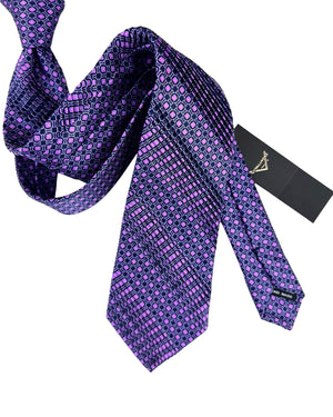 Vitaliano Pancaldi Pleated Silk Tie Purple Geometric Design