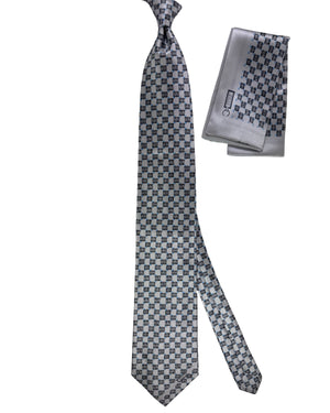 Zilli Extra Long Tie & Matching Pocket Square Set Grey And Black Checker Grid