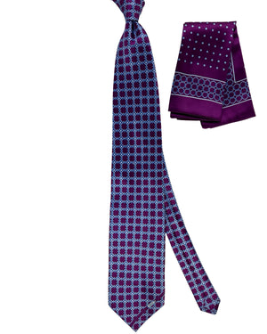 Zilli Tie & Matching Pocket Square Set Purple Blue Chain Link Pattern