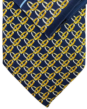 Zilli Silk Tie & Matching Pocket Square Set Midnight Blue Gold Interlocking Rings