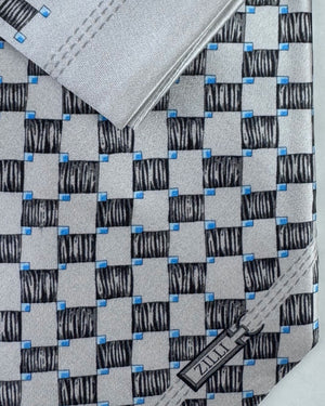Zilli Extra Long Tie & Matching Pocket Square Set Grey And Black Checker Grid