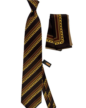 Zilli Silk Tie & Matching Pocket Square Set Brown Gold Chain Design