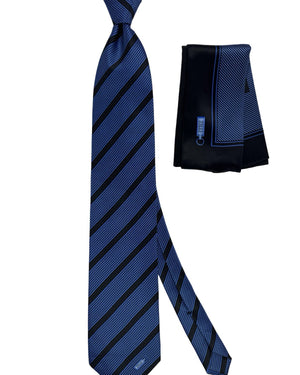 Zilli Silk Tie & Matching Pocket Square Set Midnight Blue Black Stripes