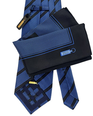 Zilli Silk Tie & Matching Pocket Square Set Midnight Blue Black Stripes
