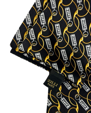 Zilli Silk Pocket Square Black Silver Gold Logo Tag