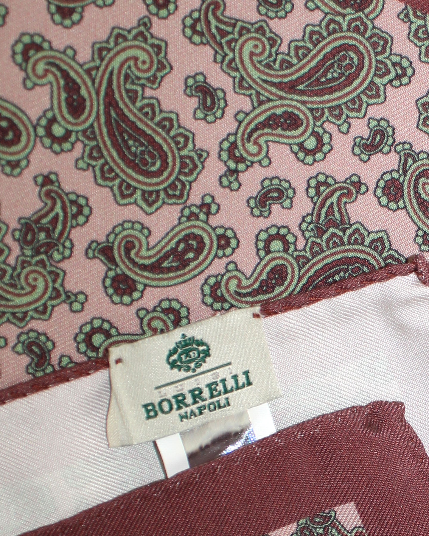 Luigi Borrelli Silk Pocket Square Pink Green Paisley
