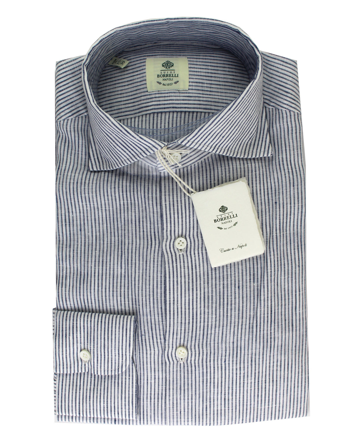 Luigi Borrelli Linen Sport Shirt White Navy Stripes 