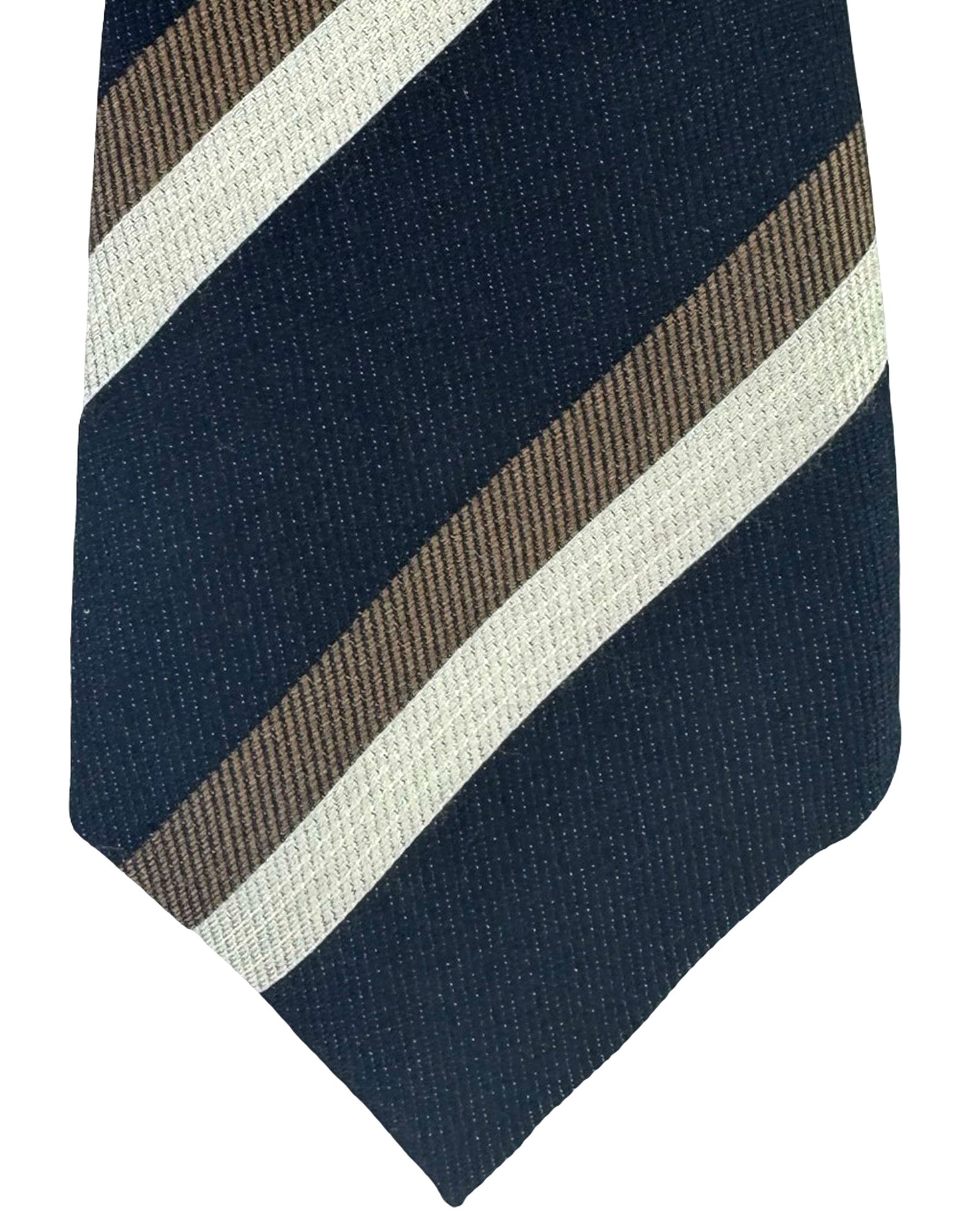 Cucinelli Tie Midnight Blue Taupe Silver Stripes 