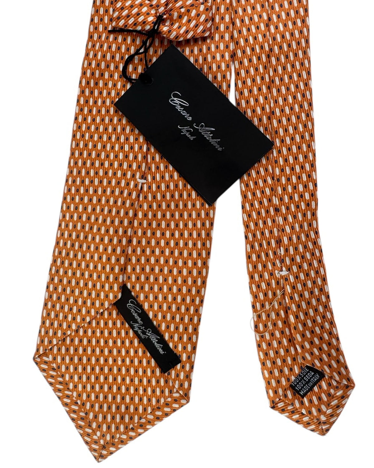 Cesare Attolini Tie Orange With Navy And White Oval Pattern