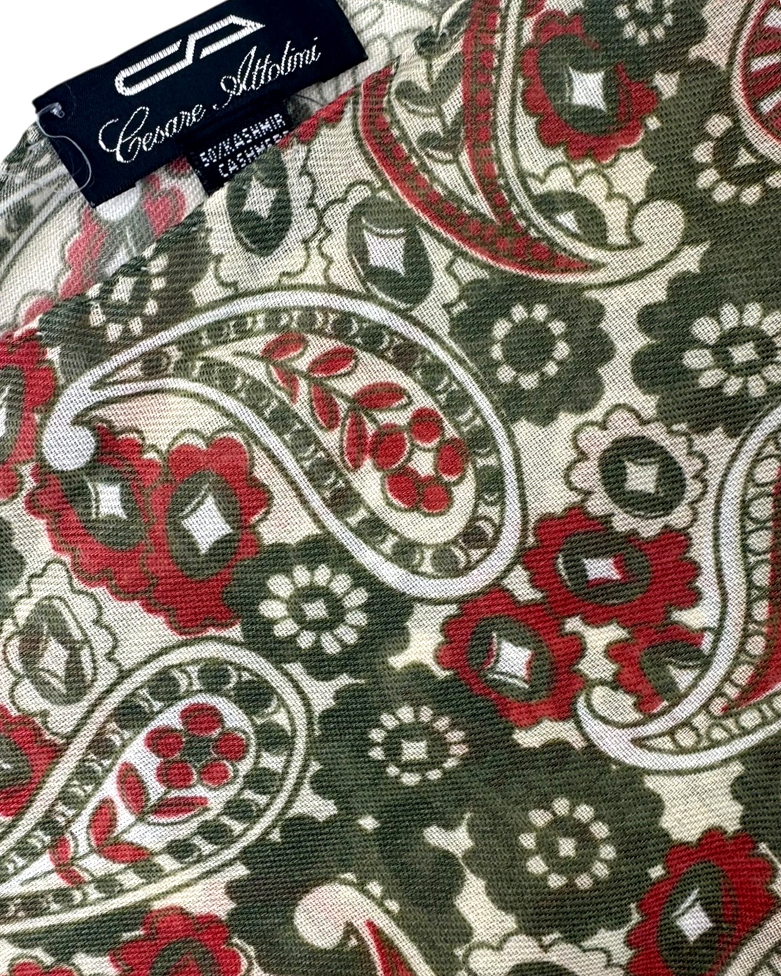 Cesare Attolini Scarf Forest Green Red White Paisley - Luxury Cashmere Cotton Shawl FINAL SALE