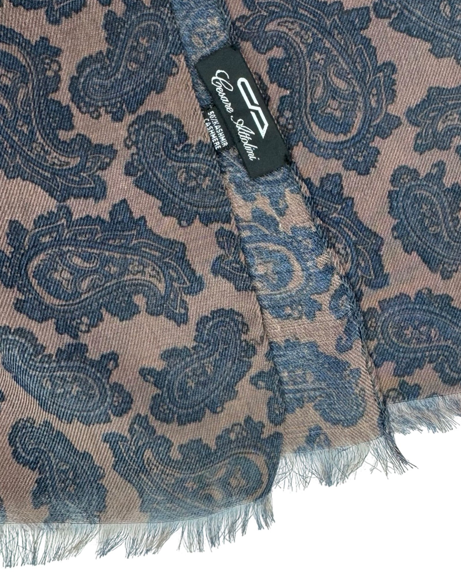 Cesare Attolini Scarf Taupe Midnight Blue Paisley - Cashmere Cotton