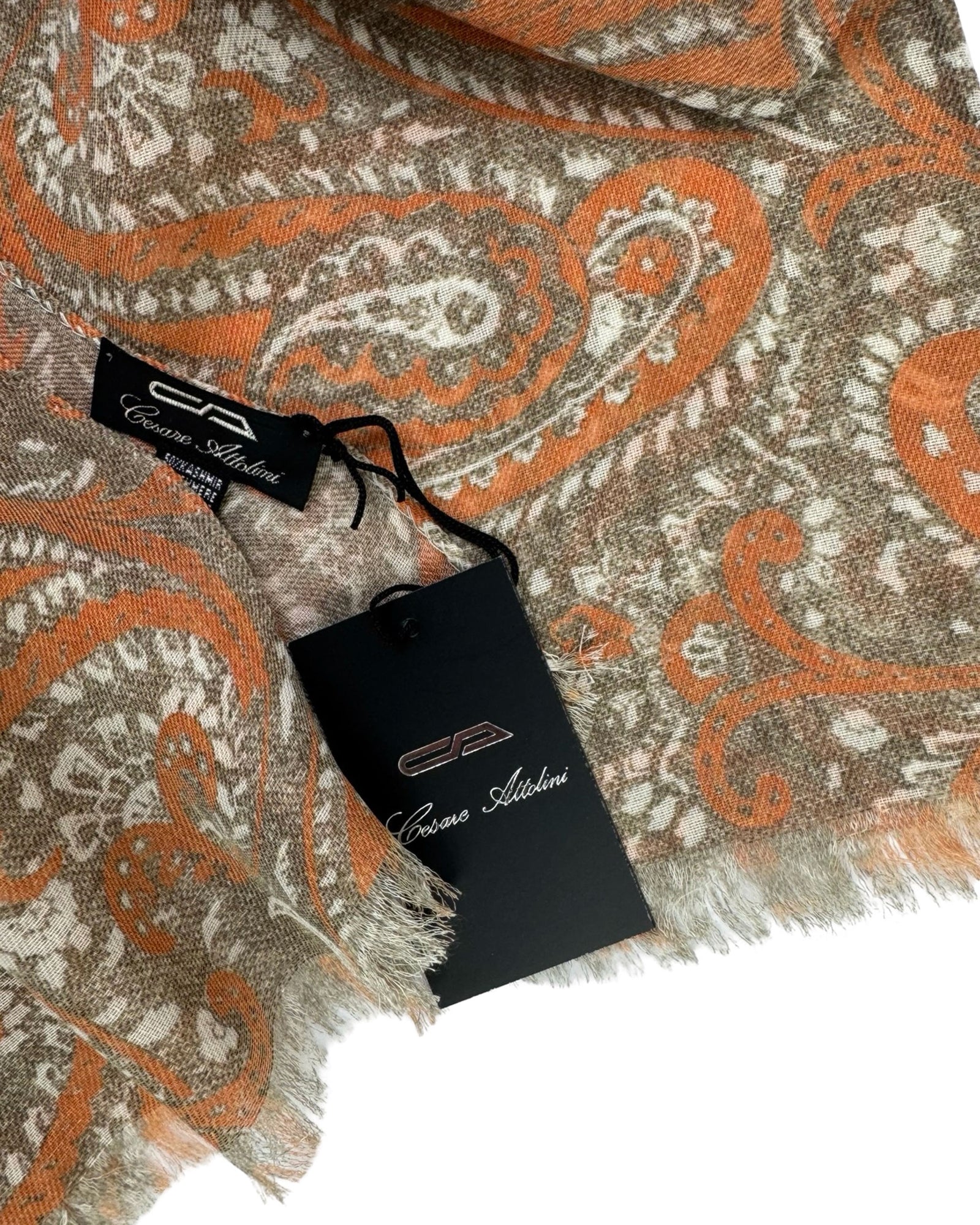 Cesare Attolini Scarf Orange Paisley Design - Linen Cashmere Silk Shawl