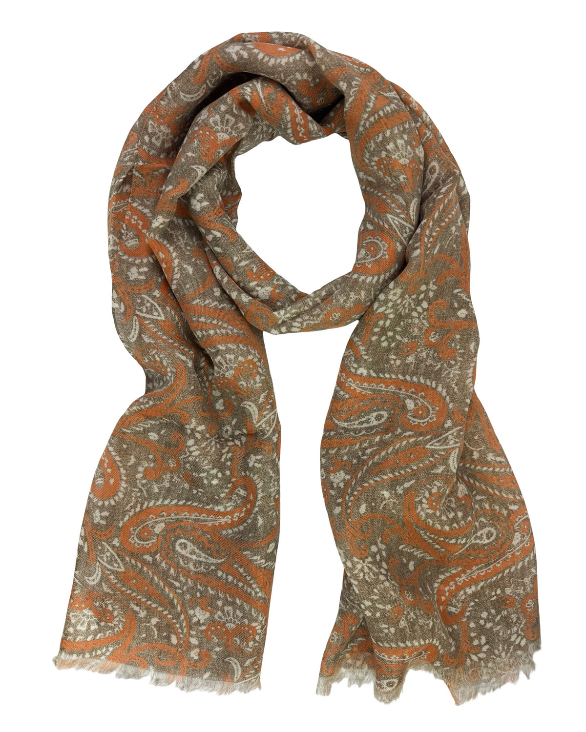 Cesare Attolini Scarf Orange Paisley Design - Linen Cashmere Silk Shawl