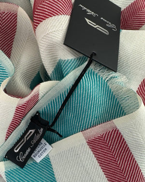 Cesare Attolini Cotton Scarf White Aqua Fire Red Stripes FINAL SALE