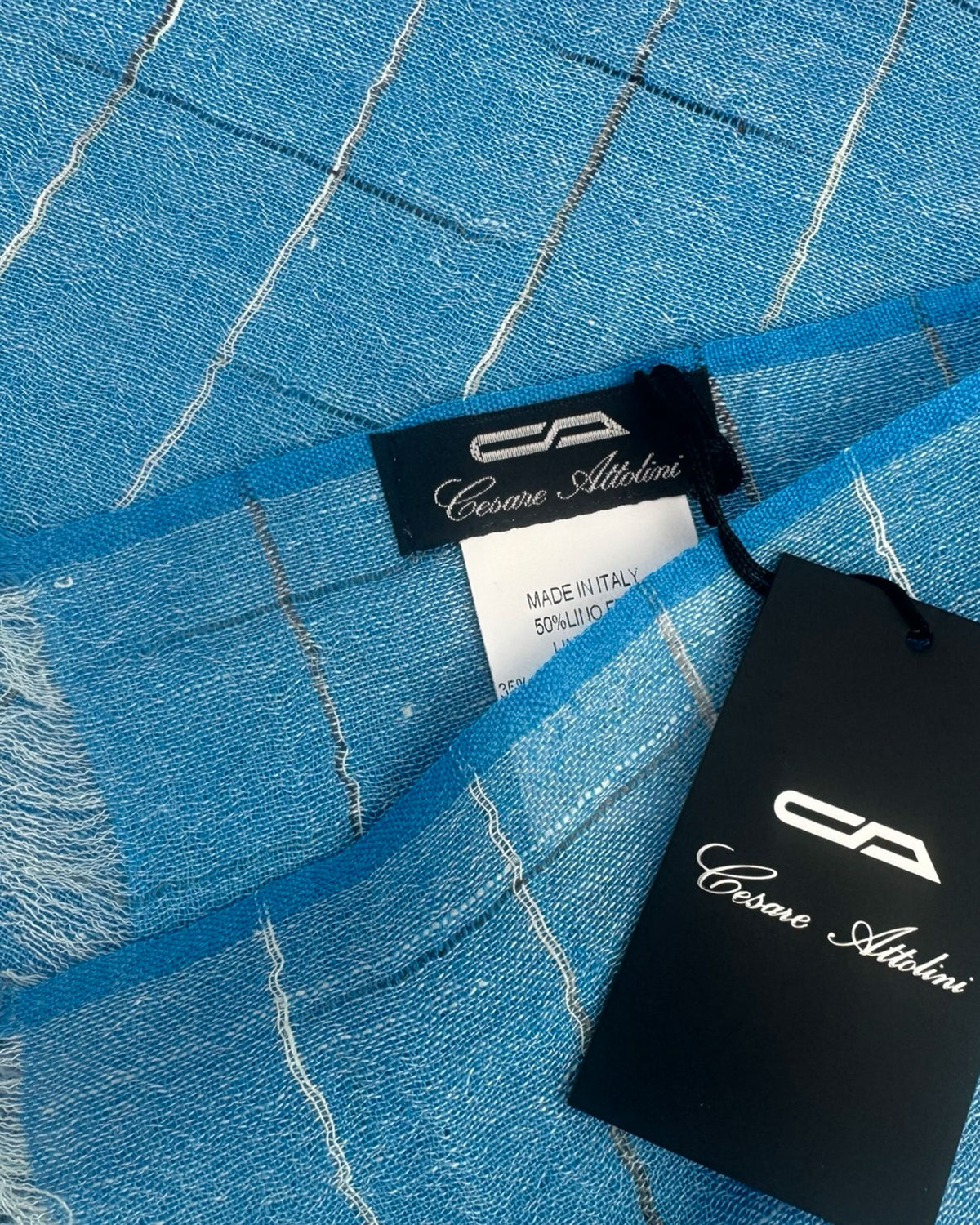 Cesare Attolini Scarf Aqua Blue Design - Linen Cashmere Silk Shawl