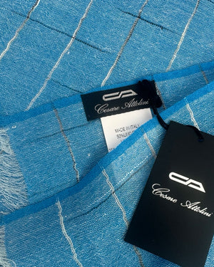 Cesare Attolini Scarf Aqua Blue Design - Linen Cashmere Silk Shawl