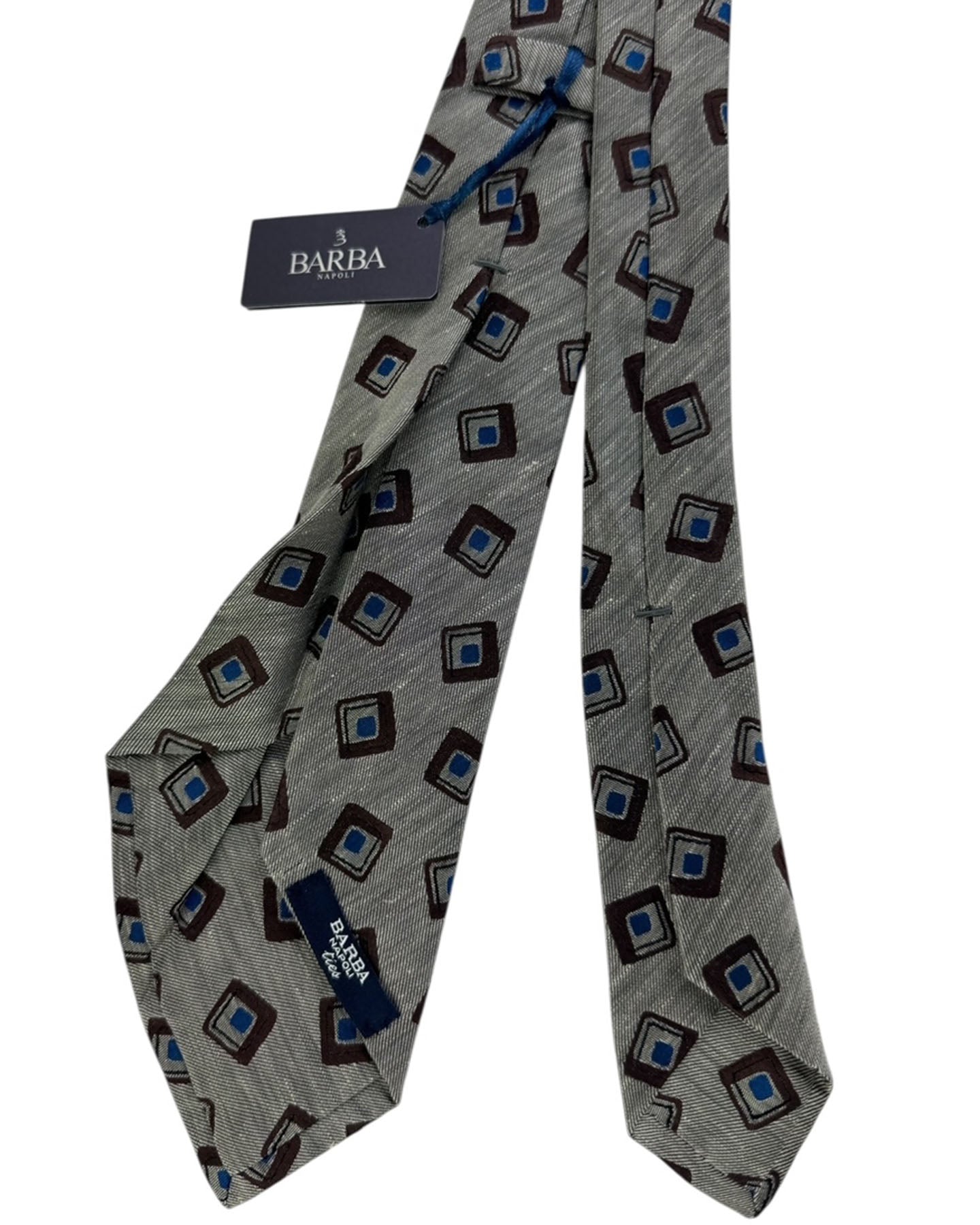 Barba Sevenfold Tie Taupe with Embroidered Squares