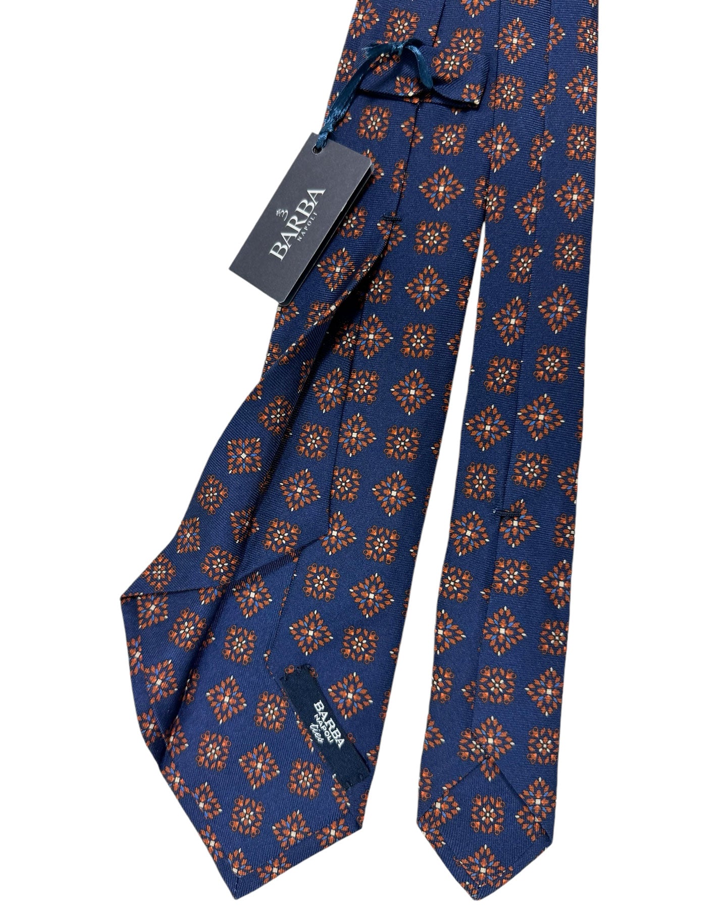 Barba Sevenfold Tie Navy Orange Mini Floral Design - Sartorial Neckwear