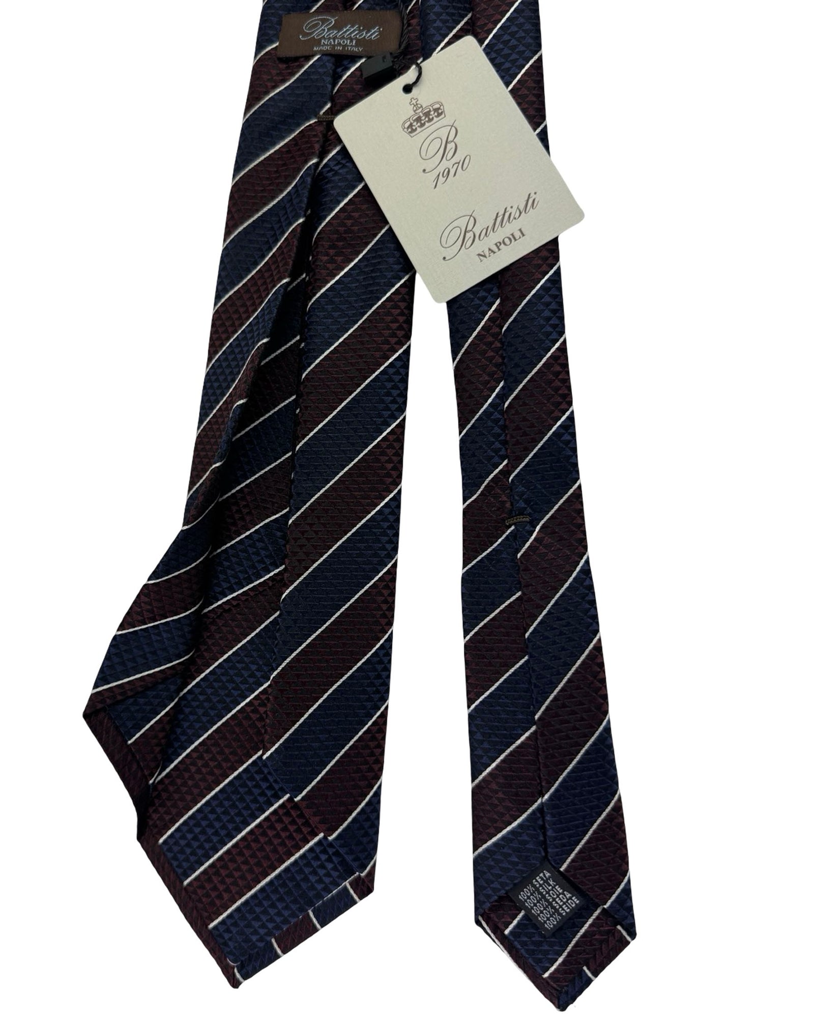 Battisti Sevenfold Tie Navy And Brown Stripe Geometric