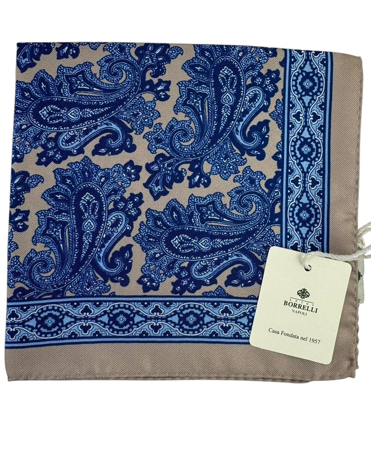 Luigi Borrelli Wool Pocket Square Navy Blue Paisley with Tan Border