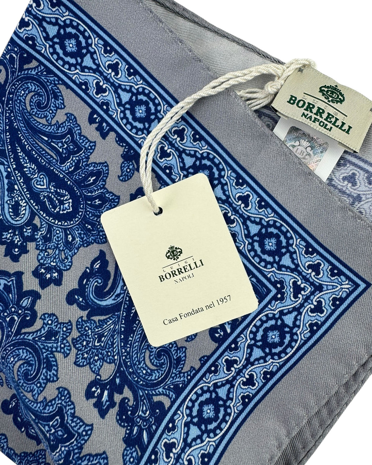 Luigi Borrelli Pocket Square Navy Blue Paisley with Gray Border SALE