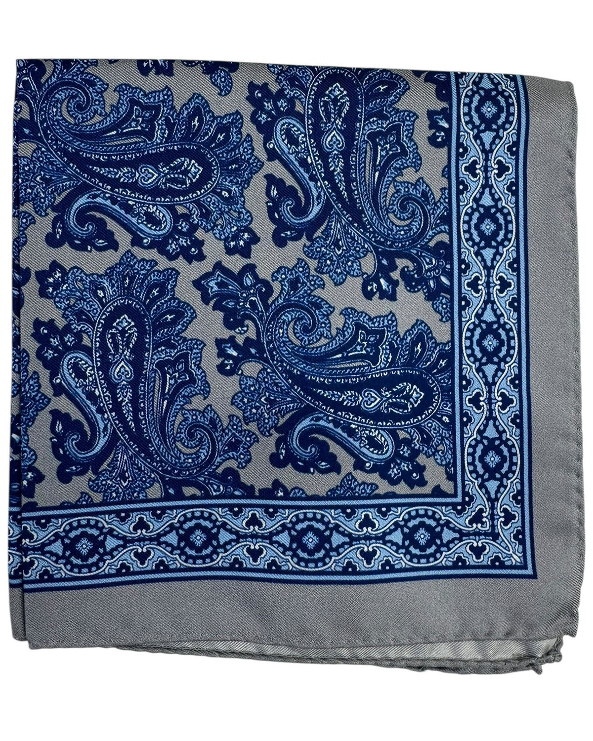 Luigi Borrelli Pocket Square Navy Blue Paisley with Gray Border SALE