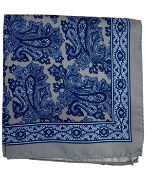 Luigi Borrelli Pocket Square Navy Blue Paisley with Gray Border SALE