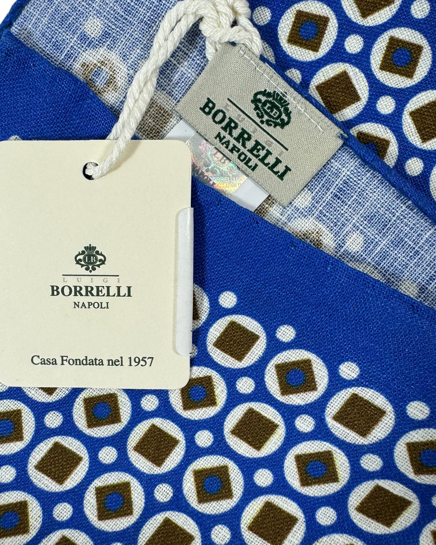 Luigi Borrelli Linen Pocket Square Royal Blue White Brown 