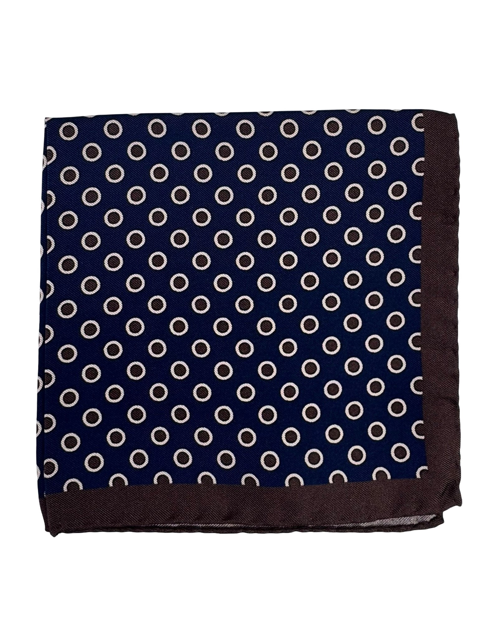 Luigi Borrelli Silk Pocket Square Midnight Blue Brown Dots Circles