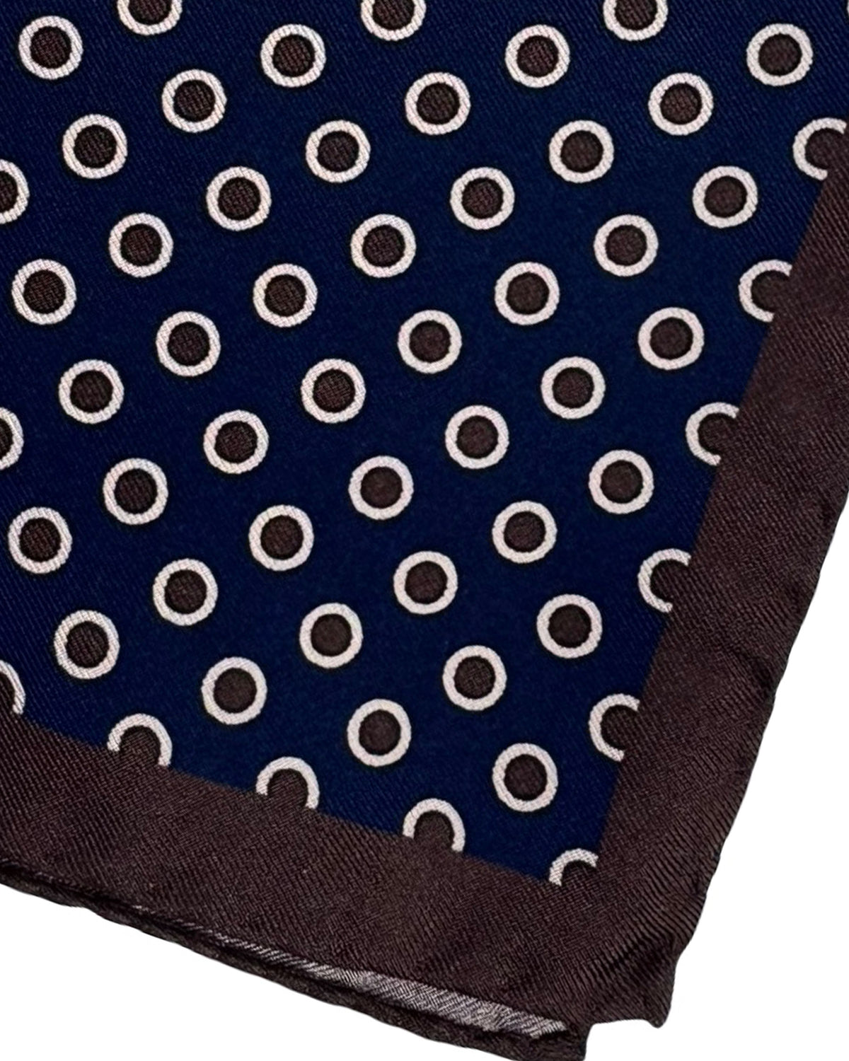Borrelli Silk Pocket Square Midnight Blue Brown Dots Circles