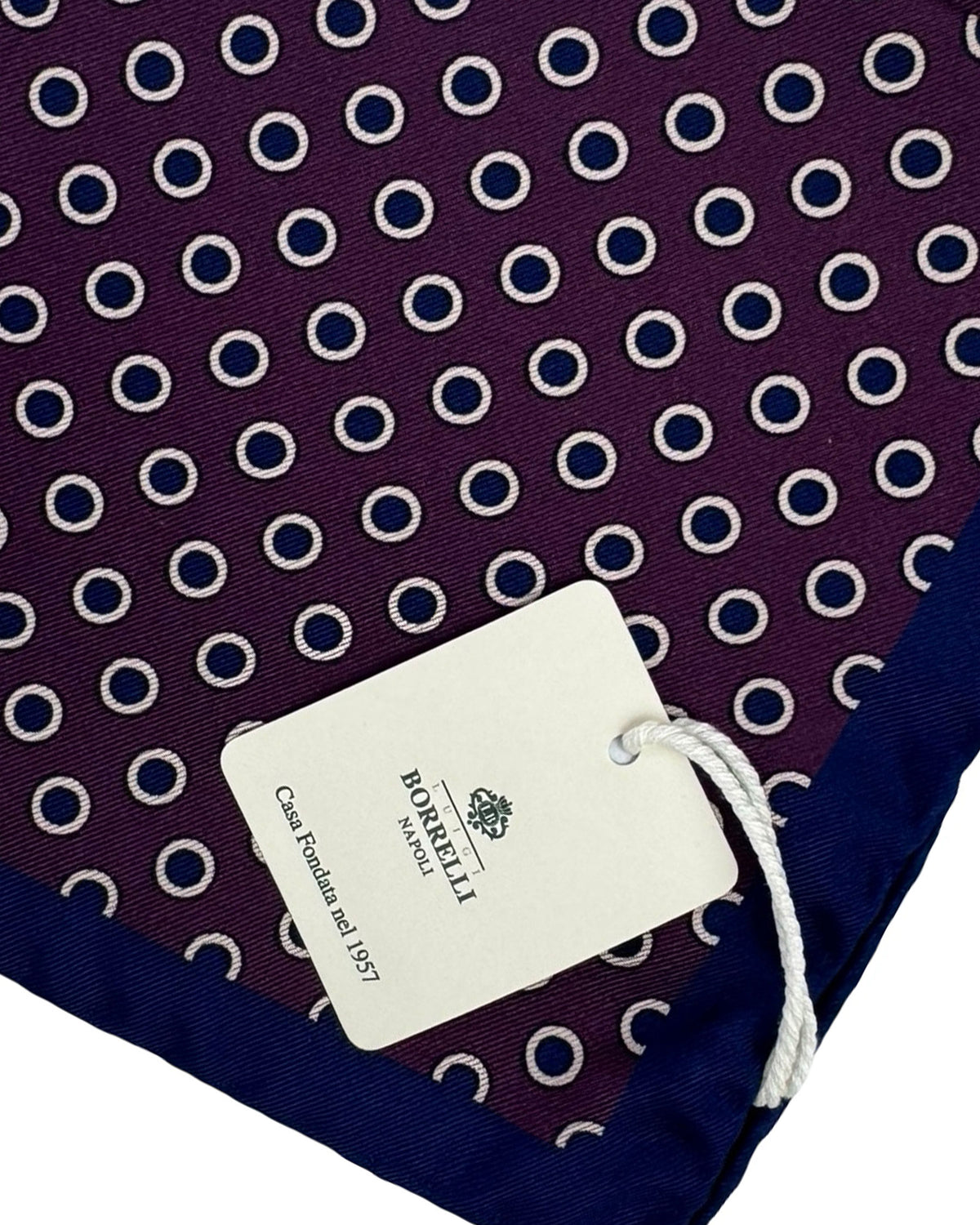 Borrelli Silk Pocket Square Midnight Blue Maroon Dots Circles