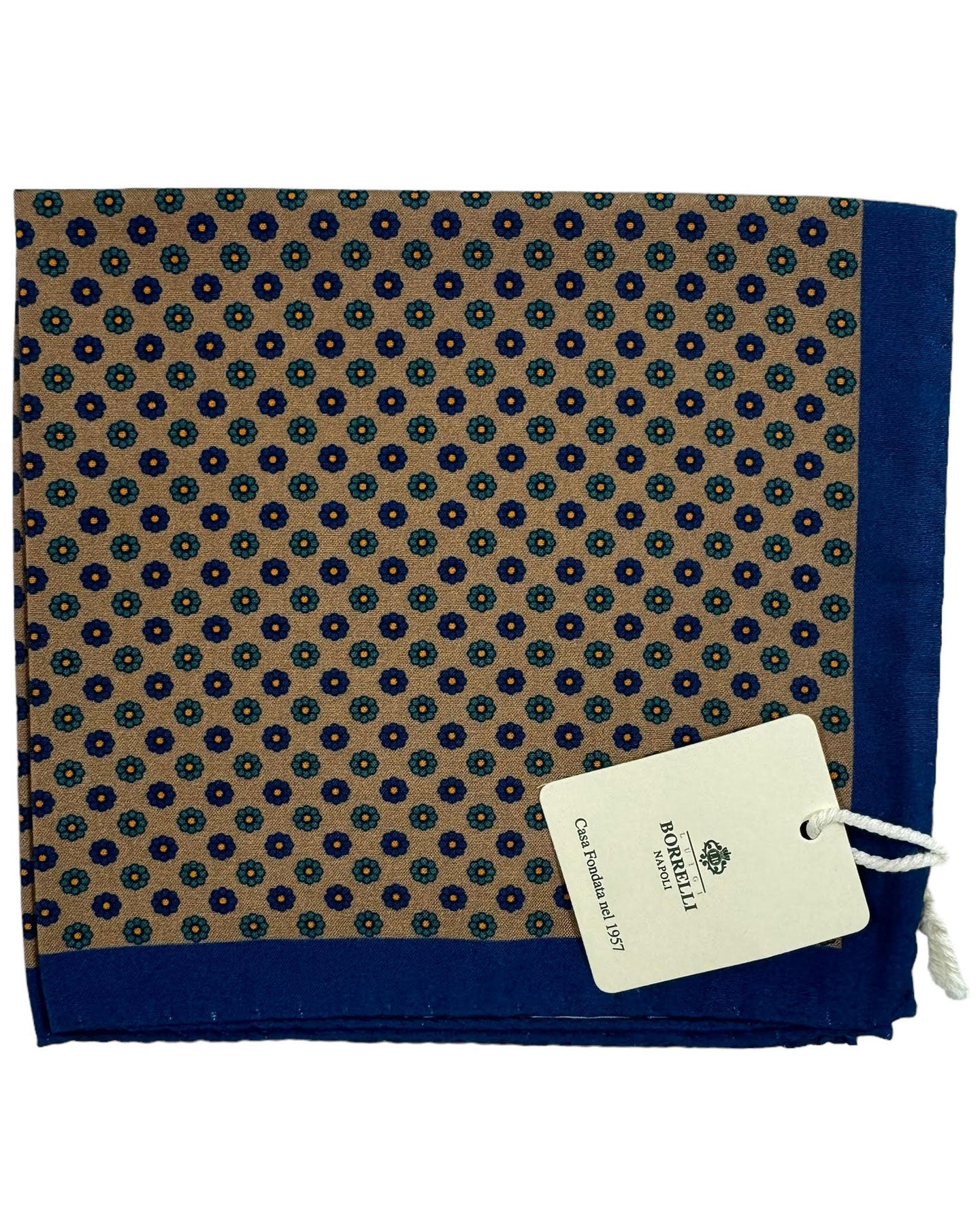 Luigi Borrelli Silk Pocket Square Taupe Dark Blue Mini Floral