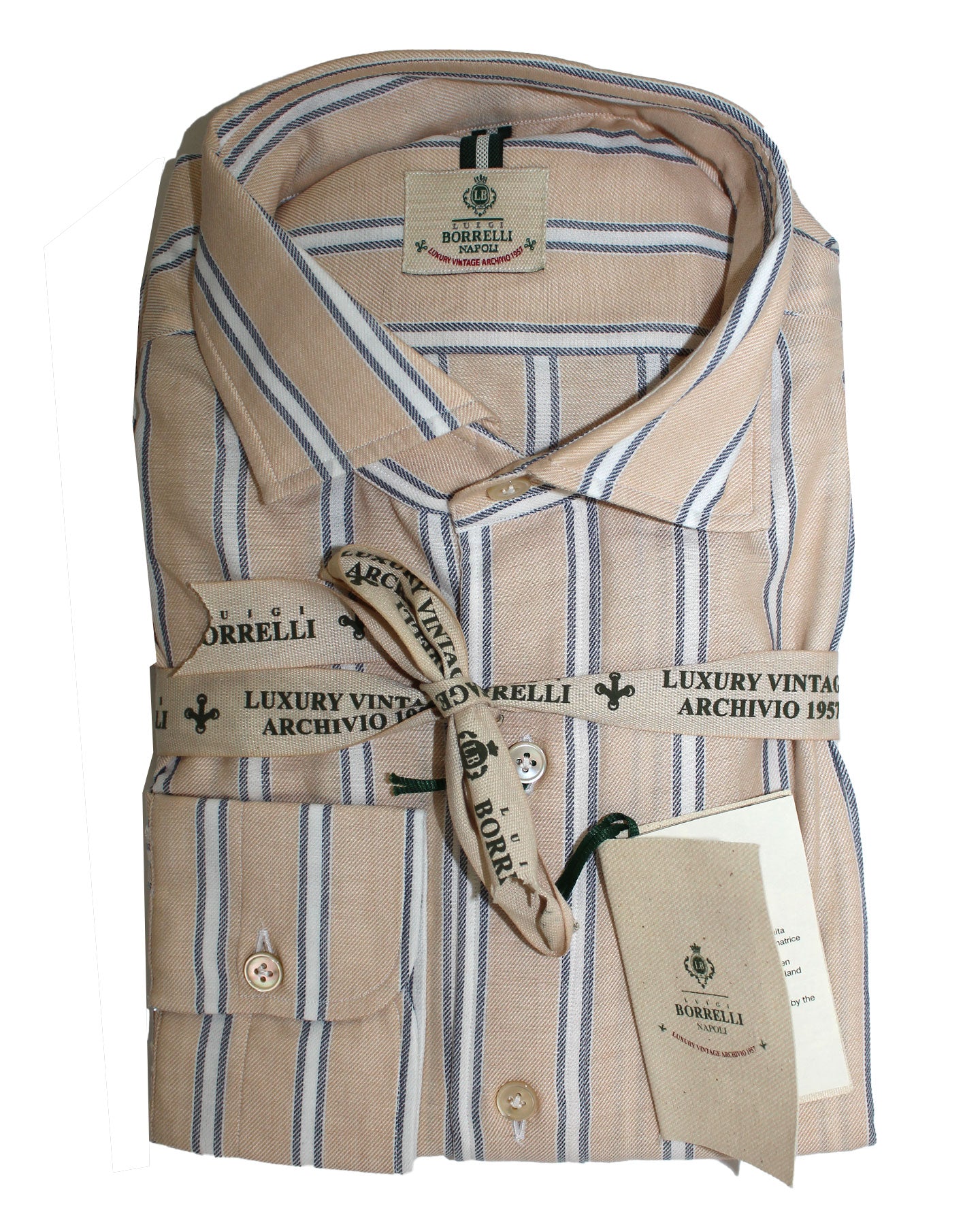 Luigi Borrelli Sport Shirt Cream White Navy Stripes 39 - 15 1/2 SALE