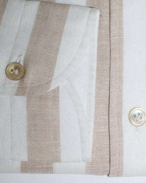 Luigi Borrelli Button-Down Sport Shirt White Brown Stripes Linen Cotton 39 - 15 1/2 SALE