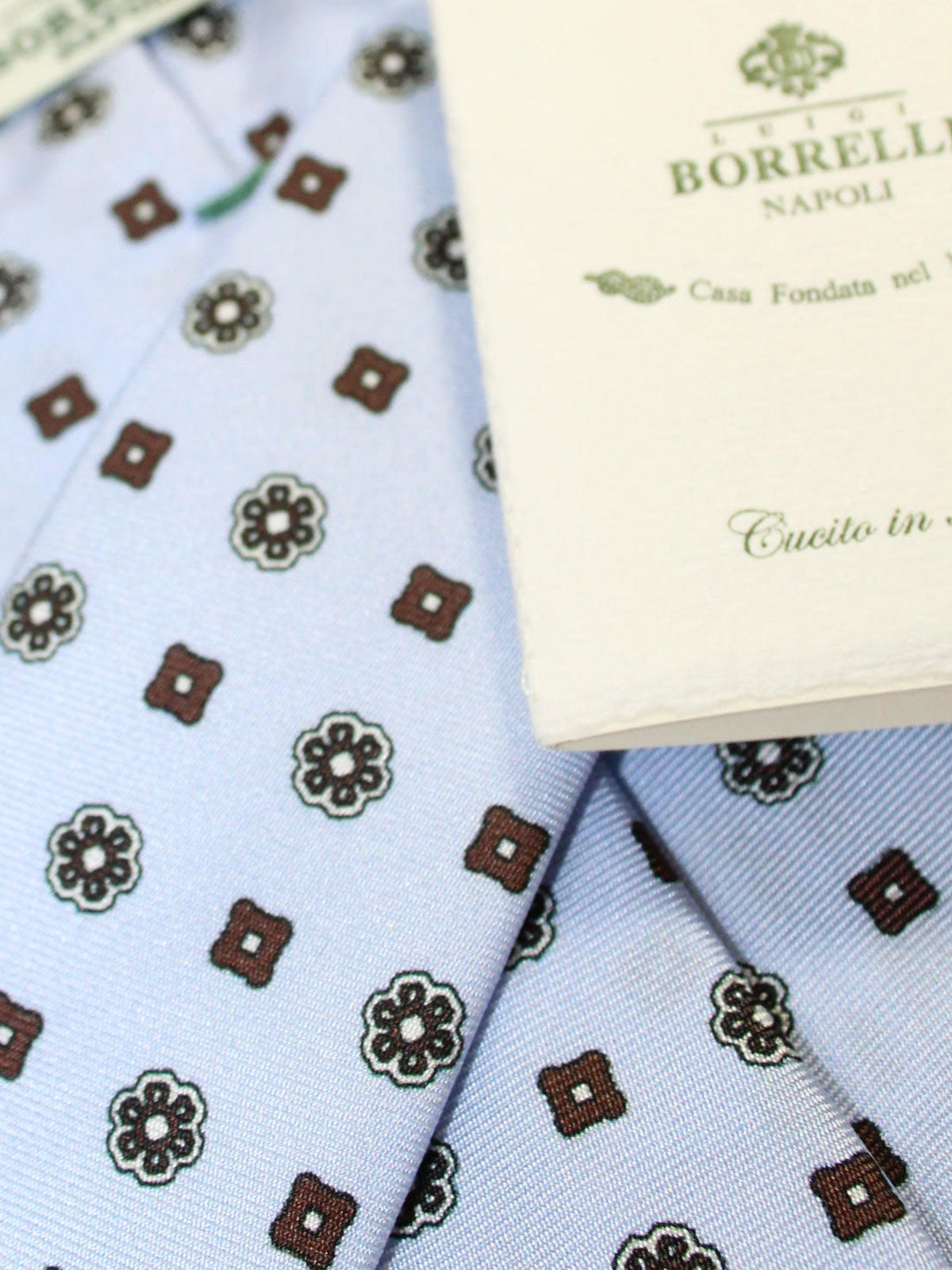 Luigi Borrelli Tie Light Blue Brown Medallions