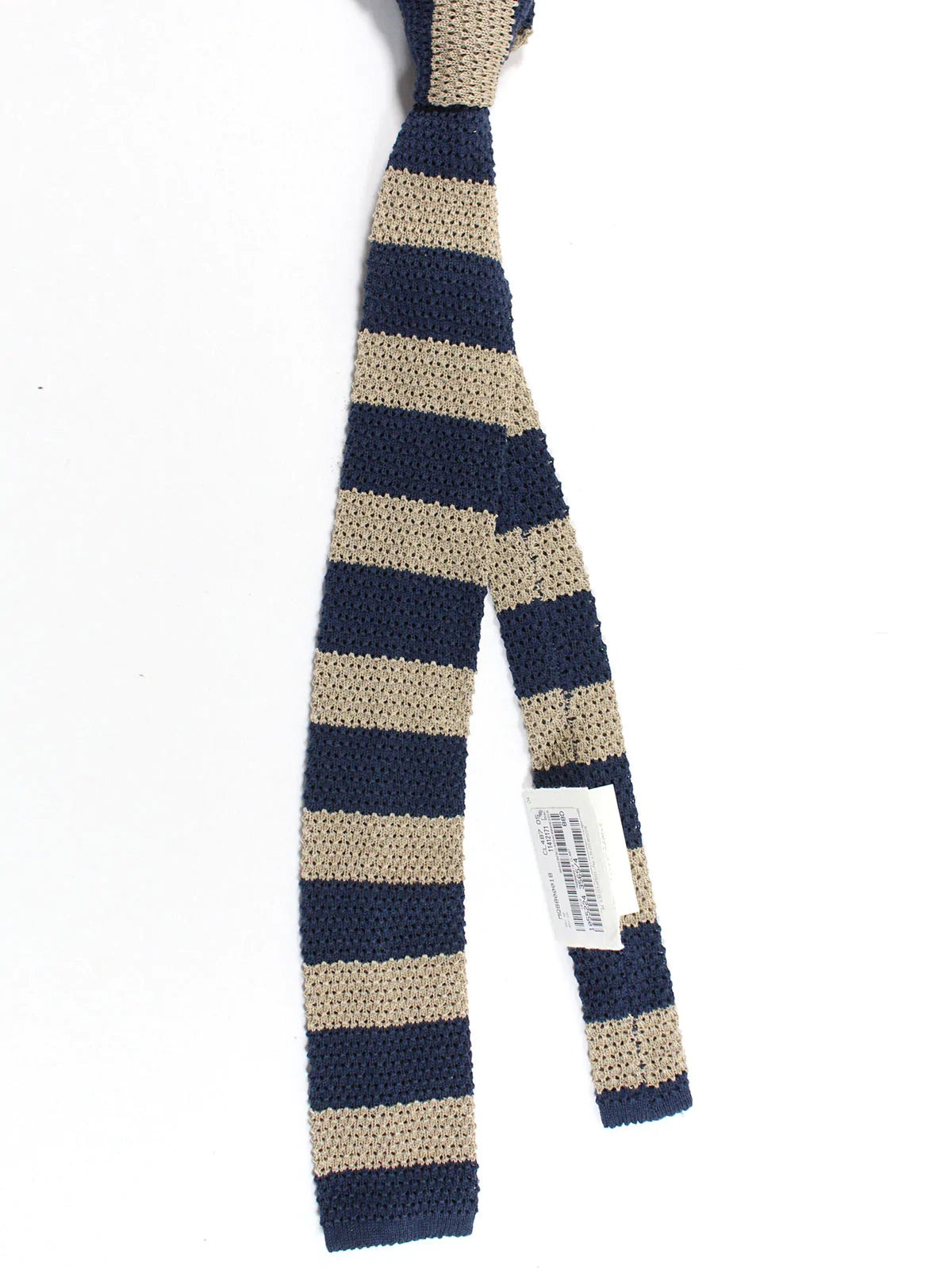 Brunello Cucinelli Square End Knitted Tie Navy Taupe Stripes - Silk Cotton