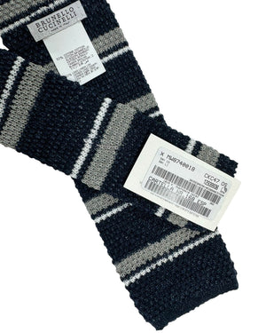 Brunello Cucinelli Square End Knitted Tie Dark Blue Gray Horizontal Stripes - Linen/ Cotton SALE