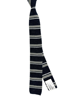 Brunello Cucinelli Square End Knitted Tie Dark Blue Gray Stripes 