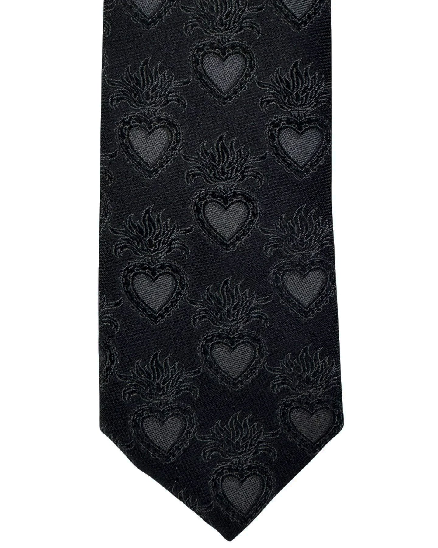 Dolce & Gabbana Skinny Tie Black Tonal Flaming Hearts