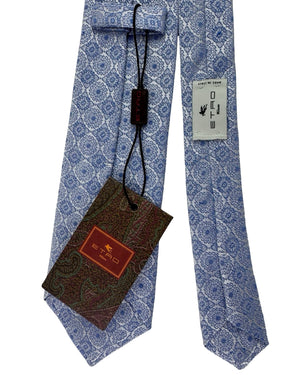 Etro Silk Tie Blue Ivory Medallion Lattice Pattern