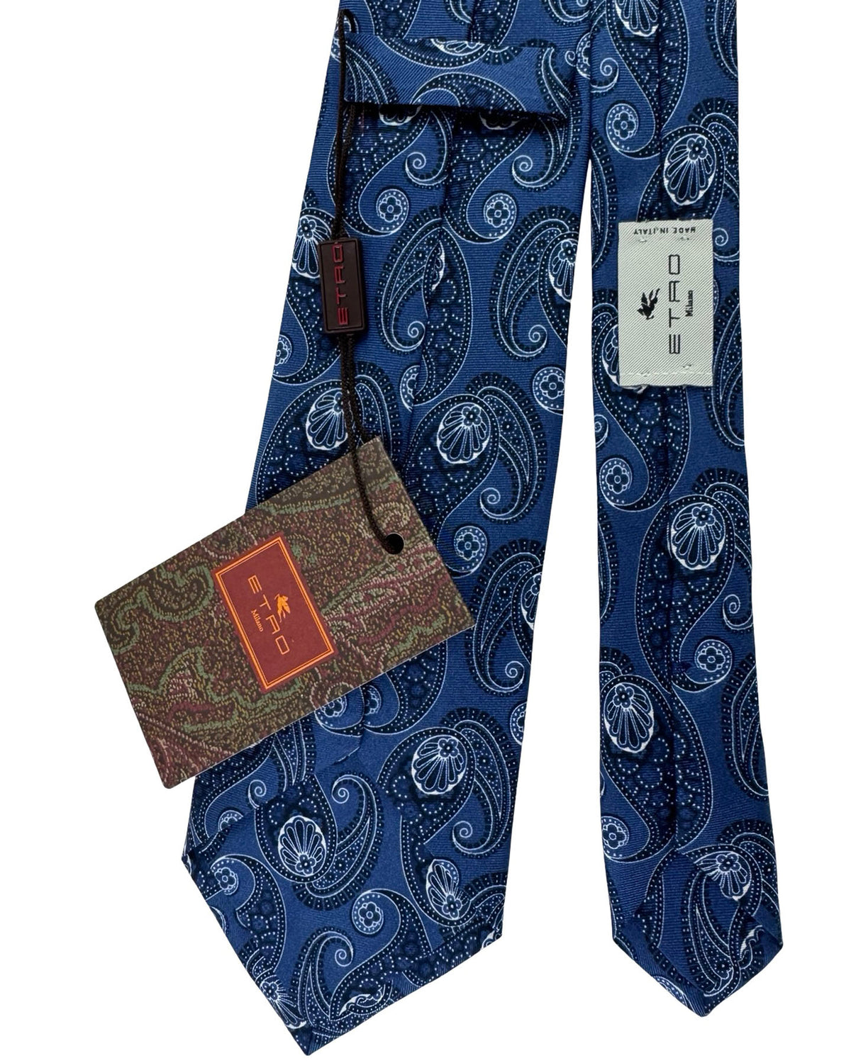 Etro Silk Tie Navy White Paisley Outline Pattern
