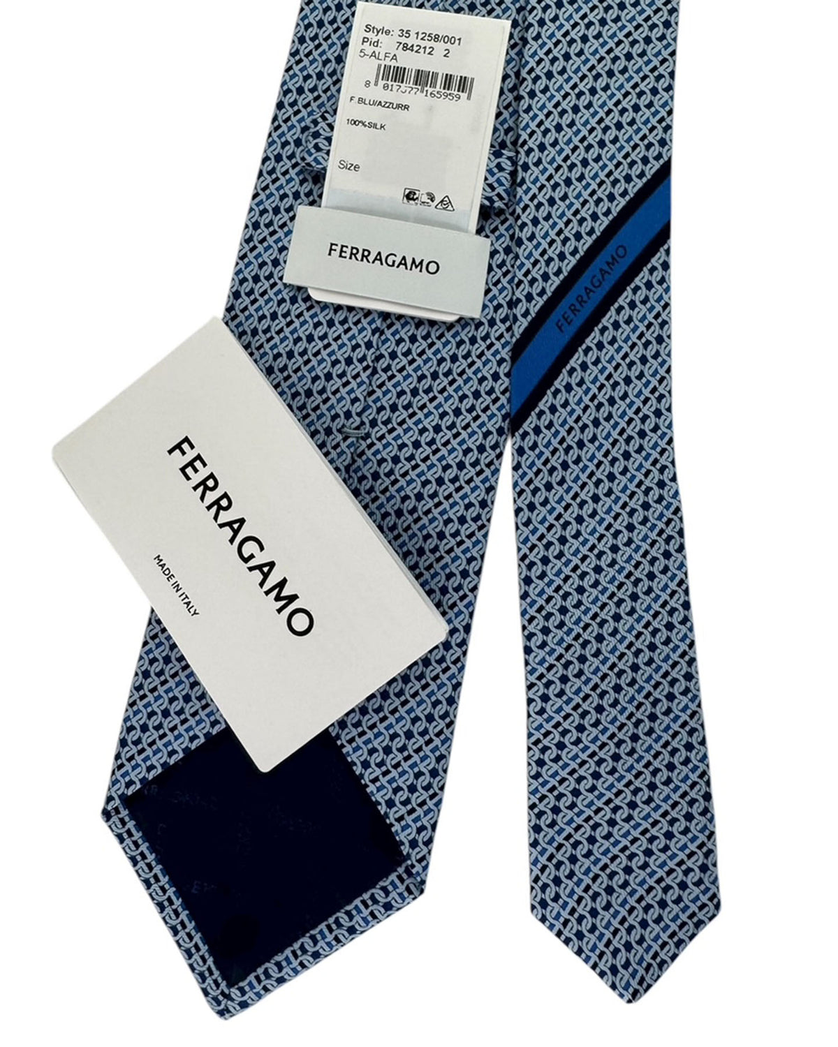 Salvatore Ferragamo Tie Navy Blue With Light Blue Chain Link Pattern