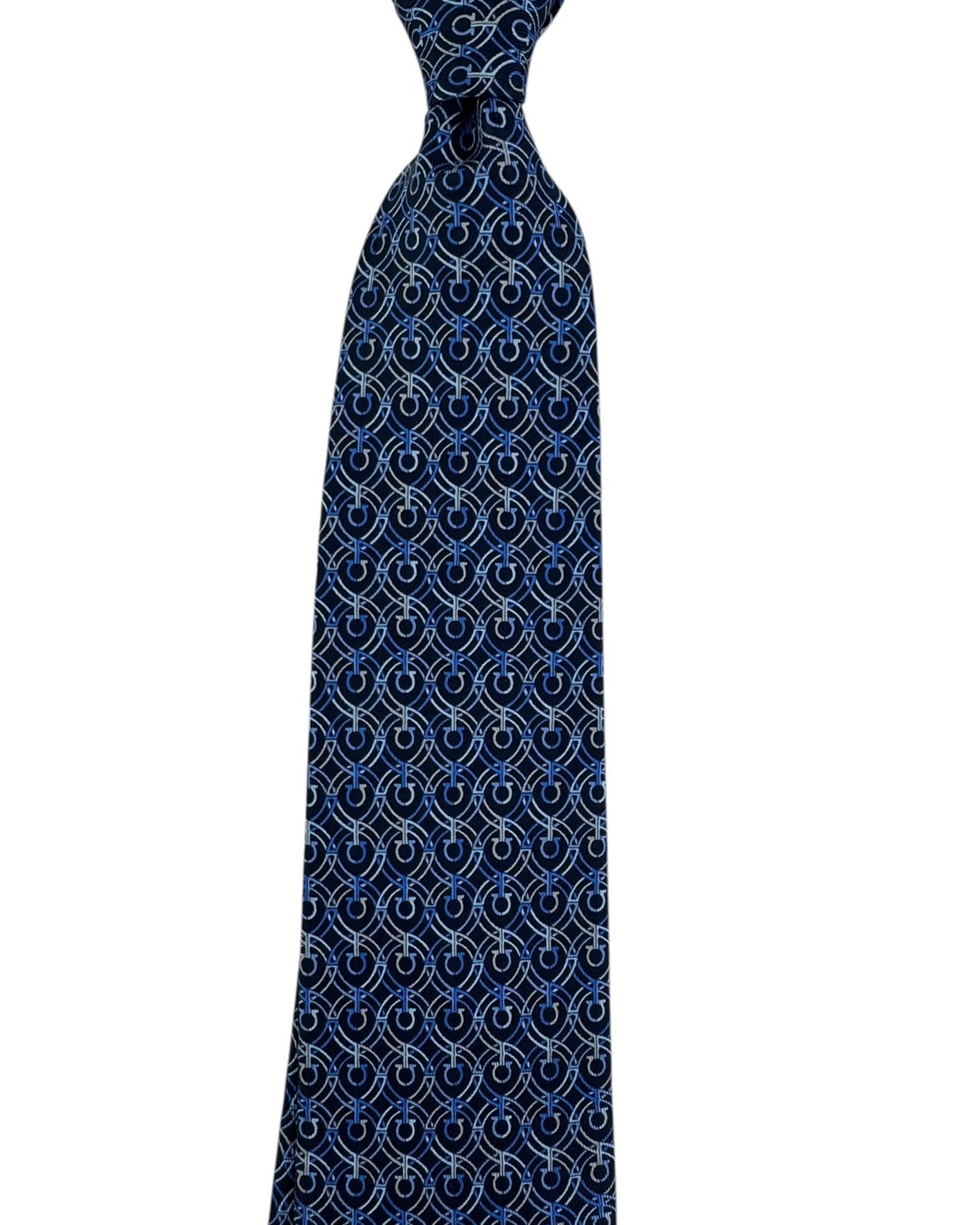Salvatore Ferragamo Tie Navy Blue With Gancini And Circle Chain Pattern