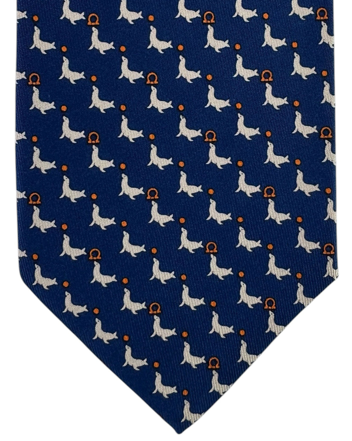 Salvatore Ferragamo Silk Tie Navy Blue Seal & Gancini Pattern SALE